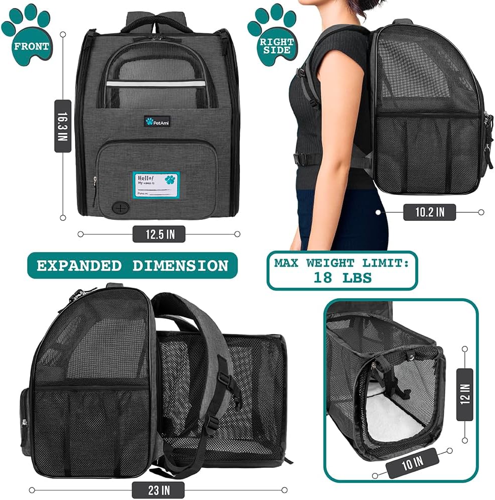 PetAmi Expandable Dog Cat Backpack Carrier, Airline Approved, Dark Gray