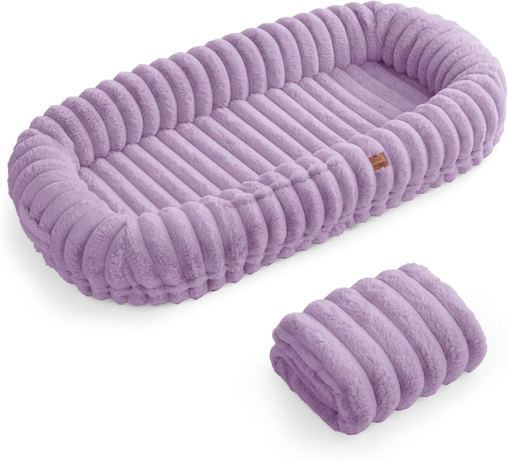 ChiXnuggle Orthopedic Human Dog Bed,Striped Faux Fur Washable Cover,Blanket