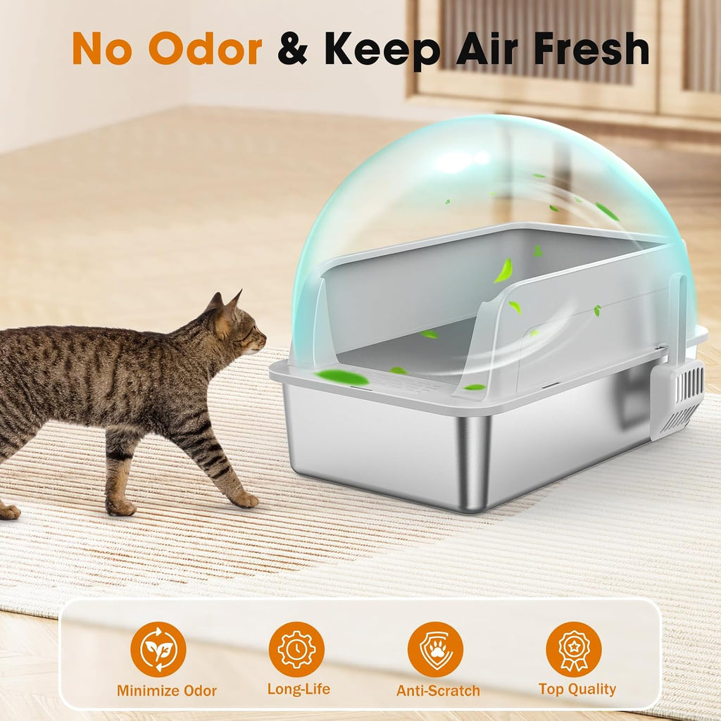 2PACK Stainless Steel Litter Box, Extra Large Litter Boxes for Big Cats, XL Metal Cat Litter Box with Lid High Sides, Anti-Urine Leakage, Non-Sticky, Scoop Included