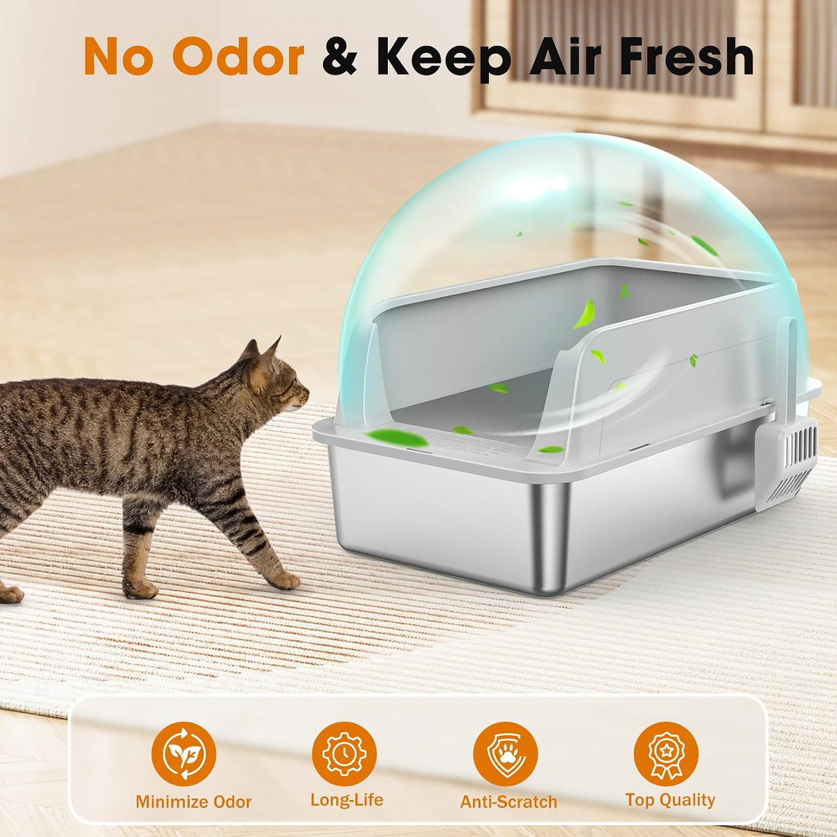 2PACK Stainless Steel Litter Box, Extra Large Litter Boxes for Big Cats, XL Metal Cat Litter Box with Lid High Sides, Anti-Urine Leakage, Non-Sticky, Scoop Included