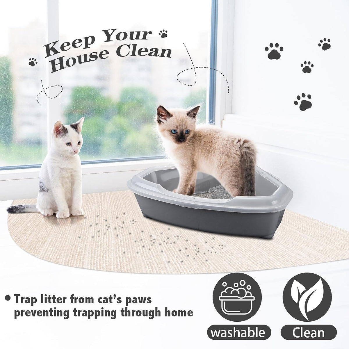Tinideya 2 Pcs Corner Cat Litter Mat Waterproof Litter Box Mat, Beige White