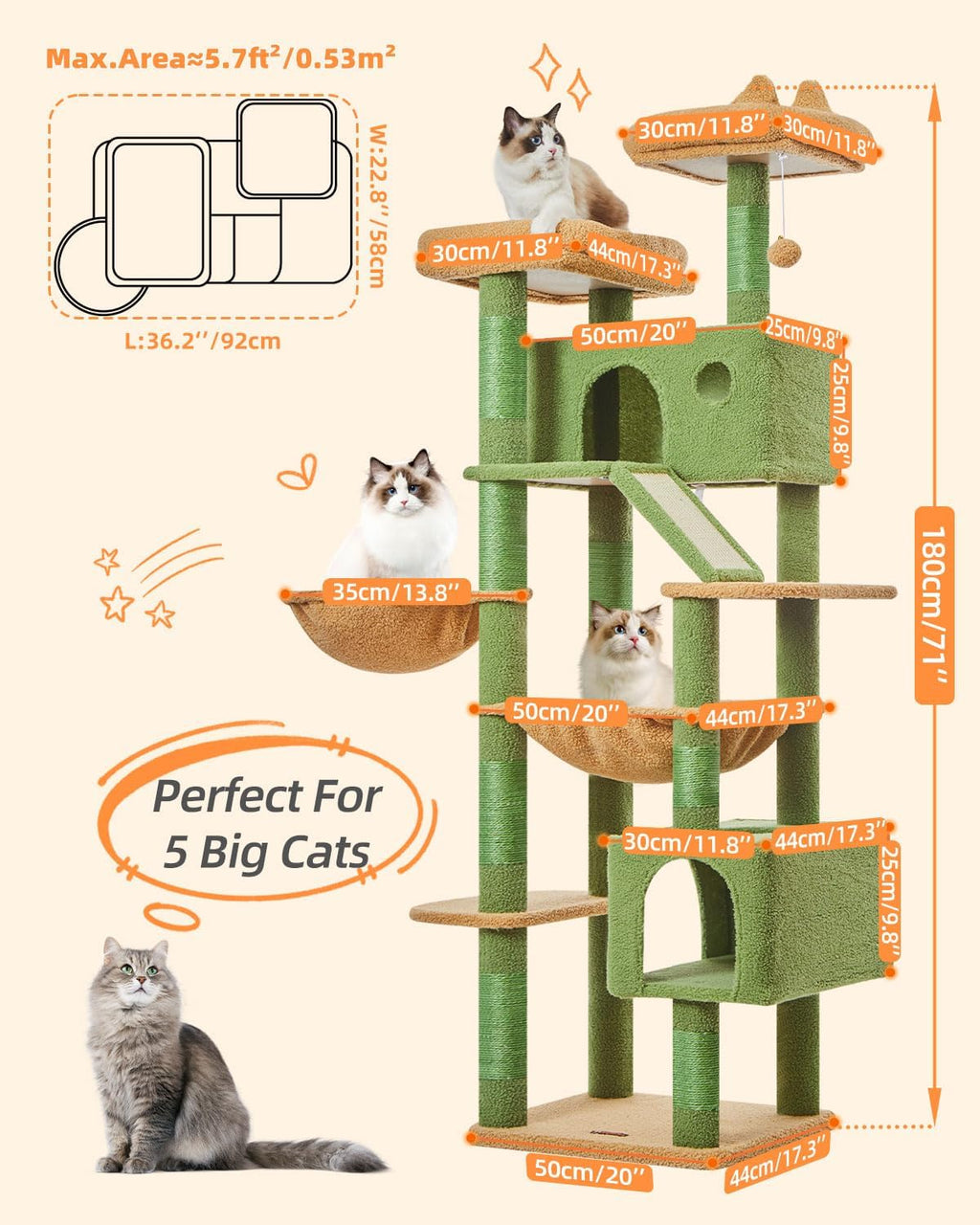 Taoqimiao Cactus Cat Tree, 71 in Extra Large Cat Tower for Indoor Cats