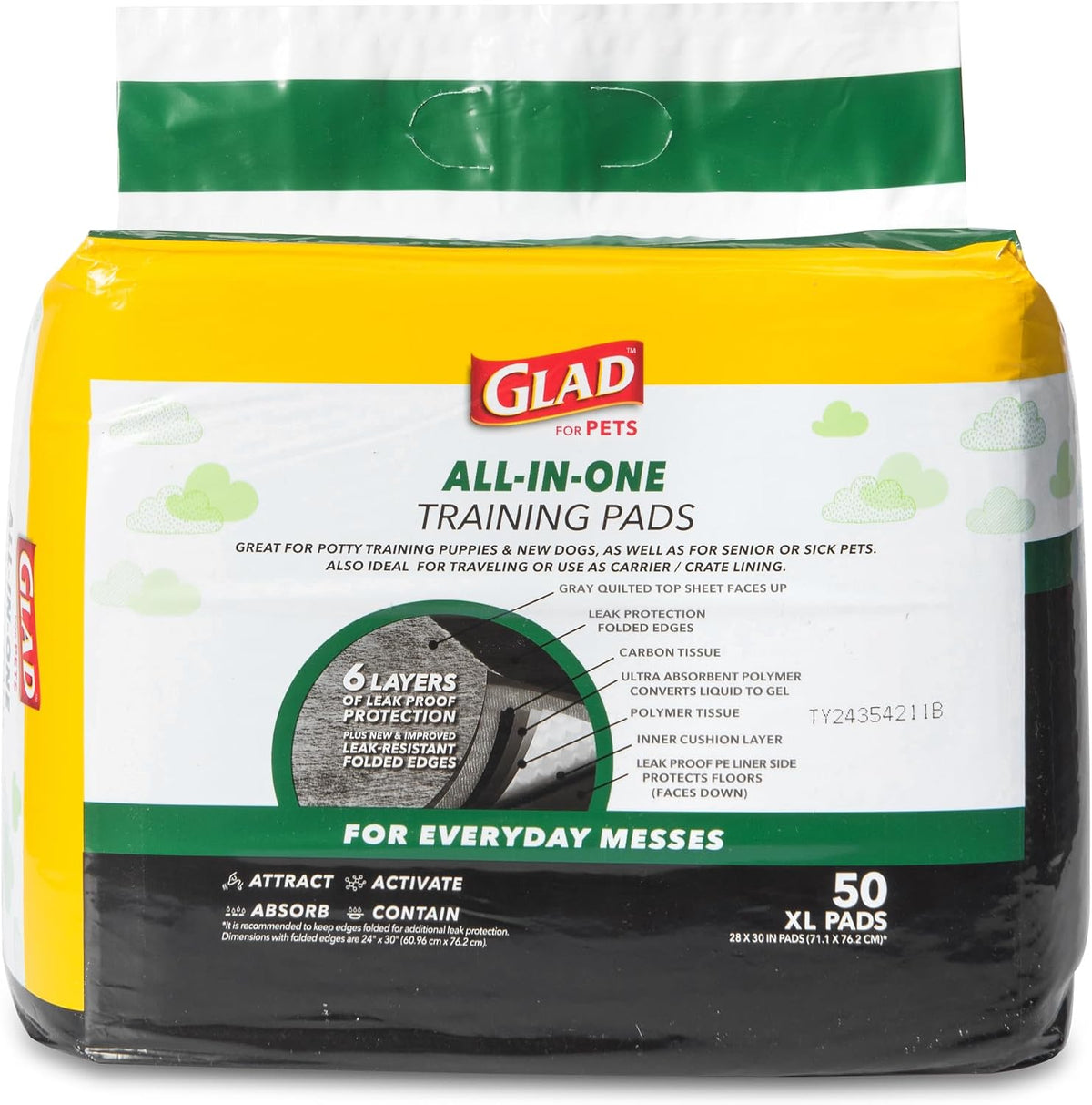 Glad for Pets XL Charcoal Training Pads for Dogs and Puppies, 30 Ct, 6-Pk | 6-layer, activated-carbon pads with pheromone attractant, leak-proof, extra-large 28 x 30 in coverage