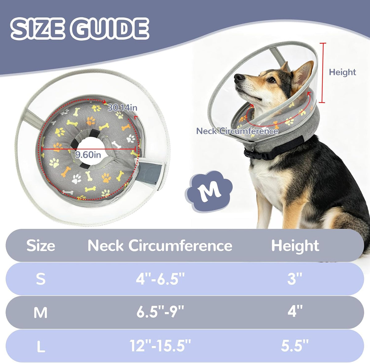 Inflatable Dog Cone Collar with Anti-Licking Clear Shield, for Dogs Cats