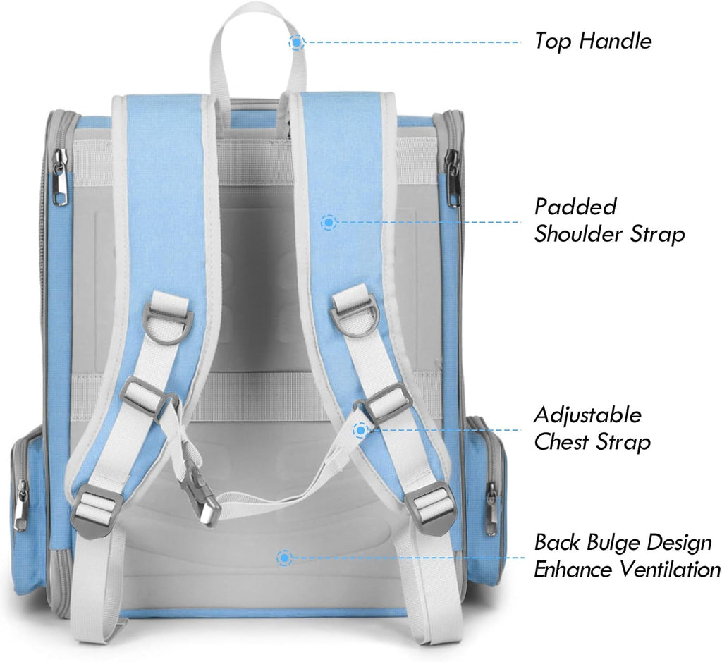 Cat Backpack Carrier, Small Dog Carrier Backpack with Fully Ventilated Mesh, Kitten Wand Feather Toy & Safety Leash, Collapsible Travel Hiking Pet Carrier for Small Dogs Cat Puppy Kitten Bunny (Blue)