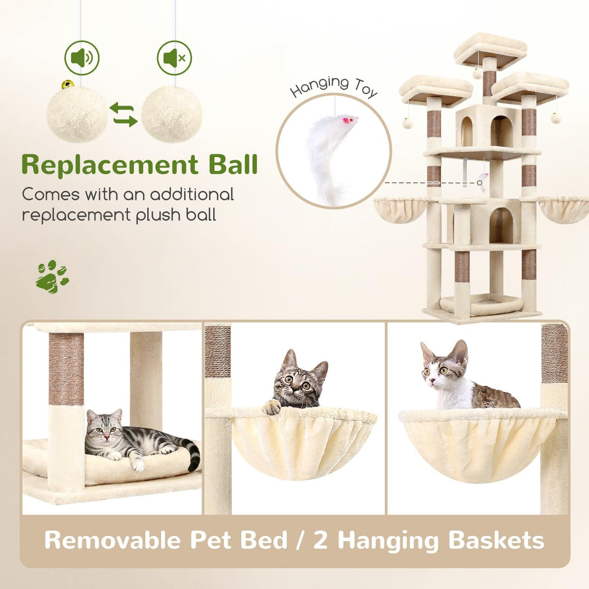 Globlazer Big XL Cat Tower for Indoor Multiple Cats, F68B, Beige