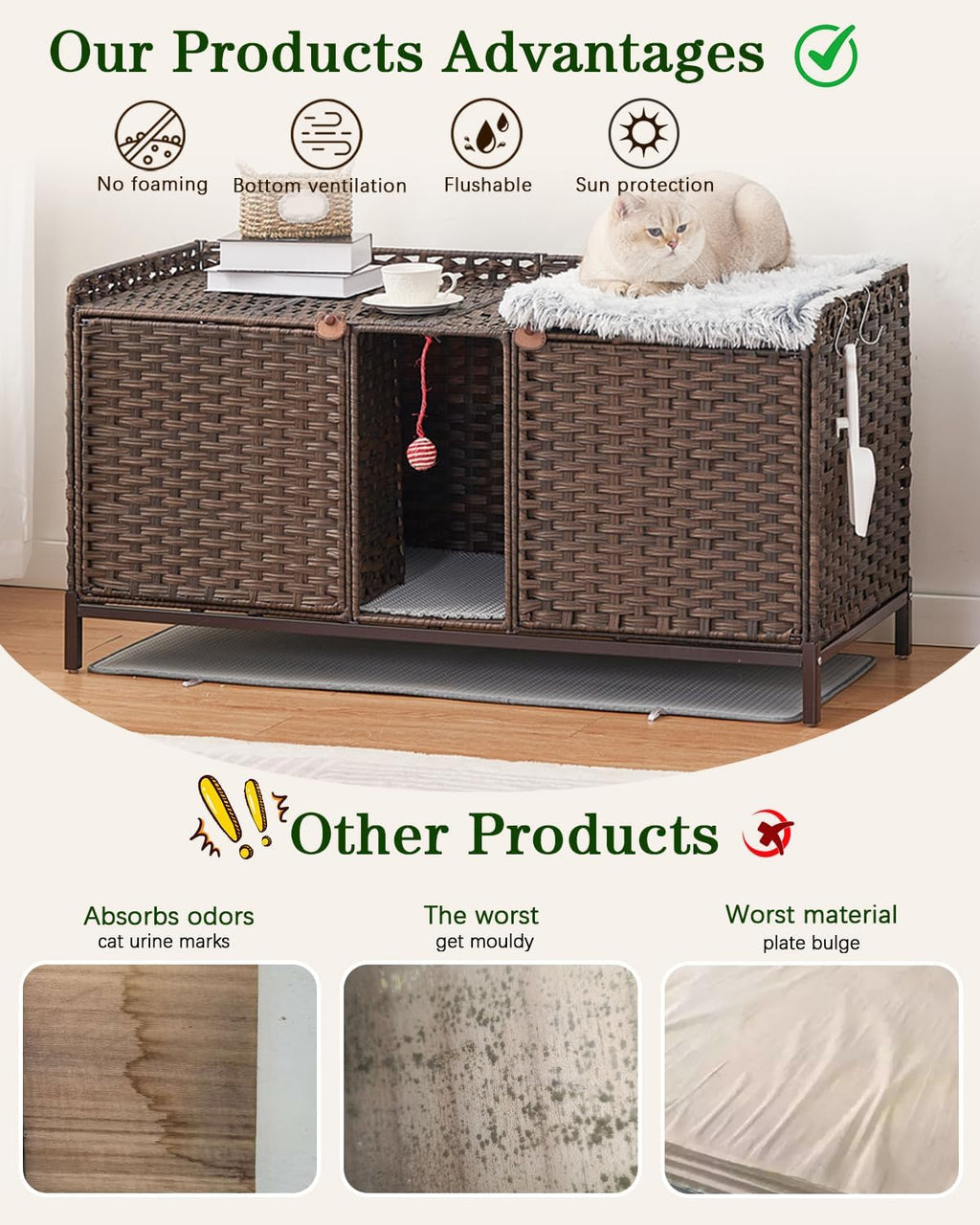 SETVSON Cat Litter Box Enclosure for 2 Cats, Litter Box Furniture, Brown | Beautiful Decorative Furniture Look, Sturdy Iron Frame, 3.2" Heightened Feet, Double Mats, S-Hooks Included, Double Doors