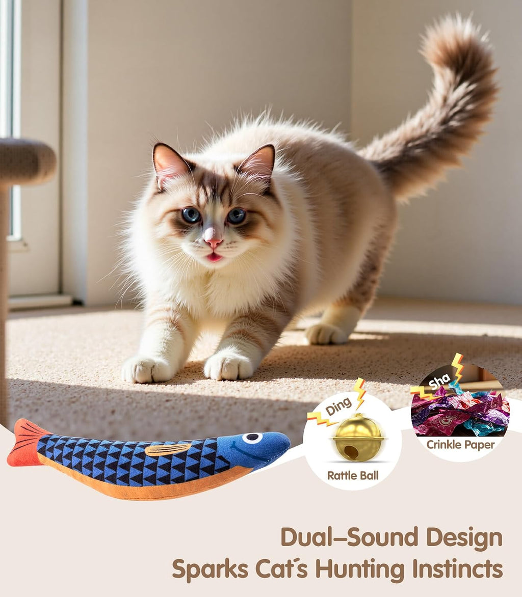 PetBusy Interactive Cat Toys with[5000mg Premium A+Catnip][Baby Grade] Soft Chew Kicker Cat Toys for Indoor Cats & Kittens, Crinkle &Rattle Fish Sound Toy, Drives Bored Cats Crazy with Fun,3 Pack