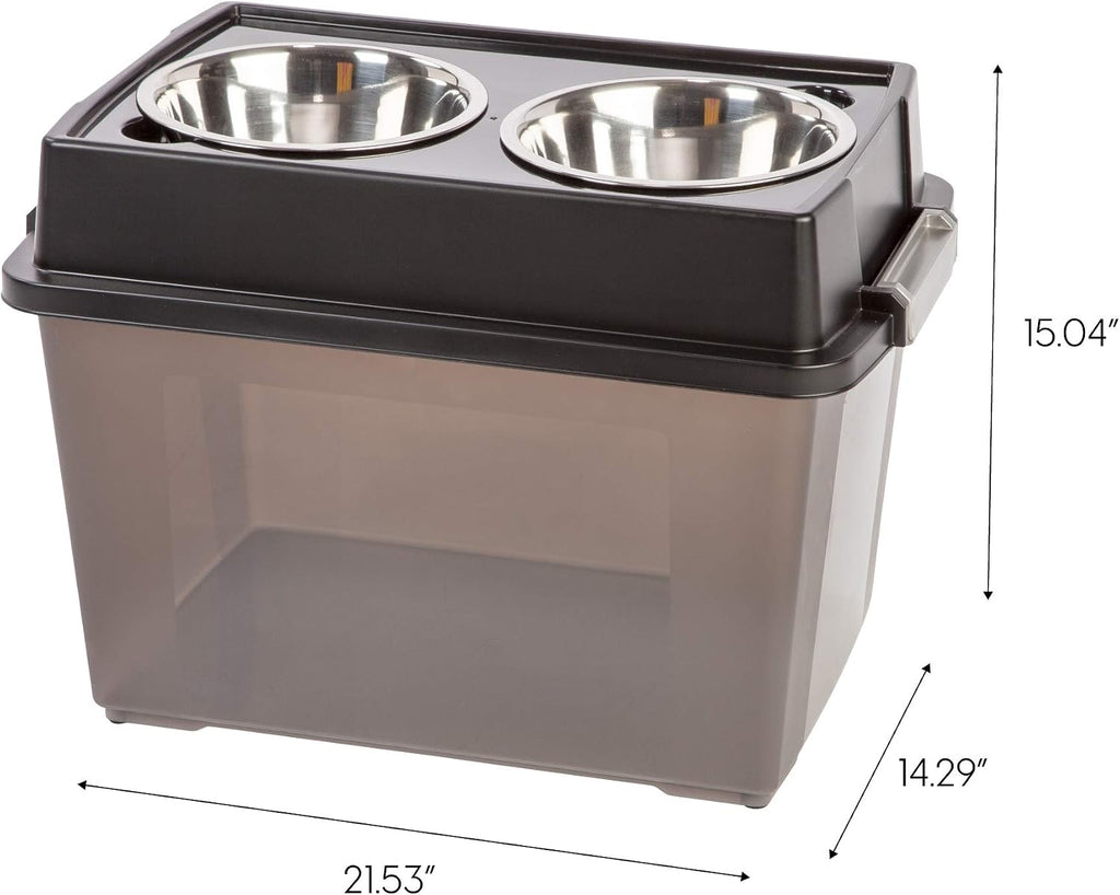 IRIS USA Elevated Dog Bowls 15" H, up to 47 lb Storage, Black, Made in USA | Comes with 2 Stainless Steel Bowls (64 oz), Elevated Feeder, Reduce Strain, Perfect for Camping & Outdoors 