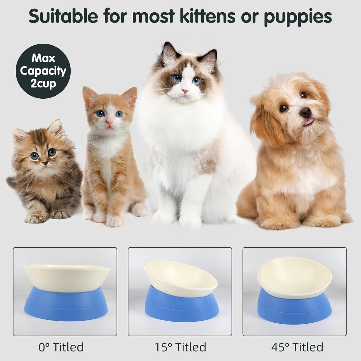 Bulldog Bowl Anti-Slip Dog Cat Dish Detachable Rubber Dog Bowl Pet Sterile Tilted Pet Feeder Slope Base (Blue, 2 Cup (Small/Medium Dog))