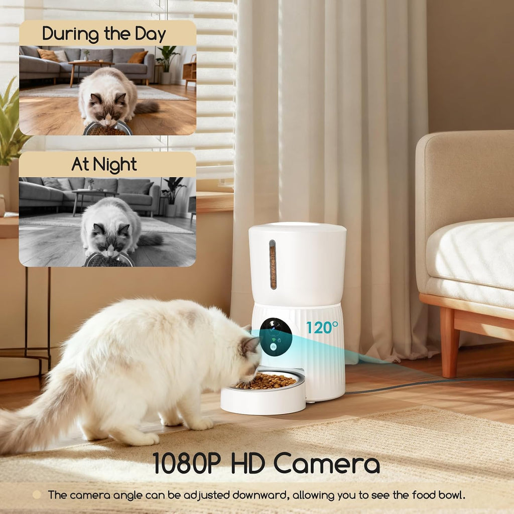 Faroro Automatic Cat Feeder with Camera, 1080P HD Video with Night Vision, 5G WiFi Automatic Dog Feeder with APP Control, 2-Way Audio, Blockage Sensor for Cats or Small Dogs, 4L (White)