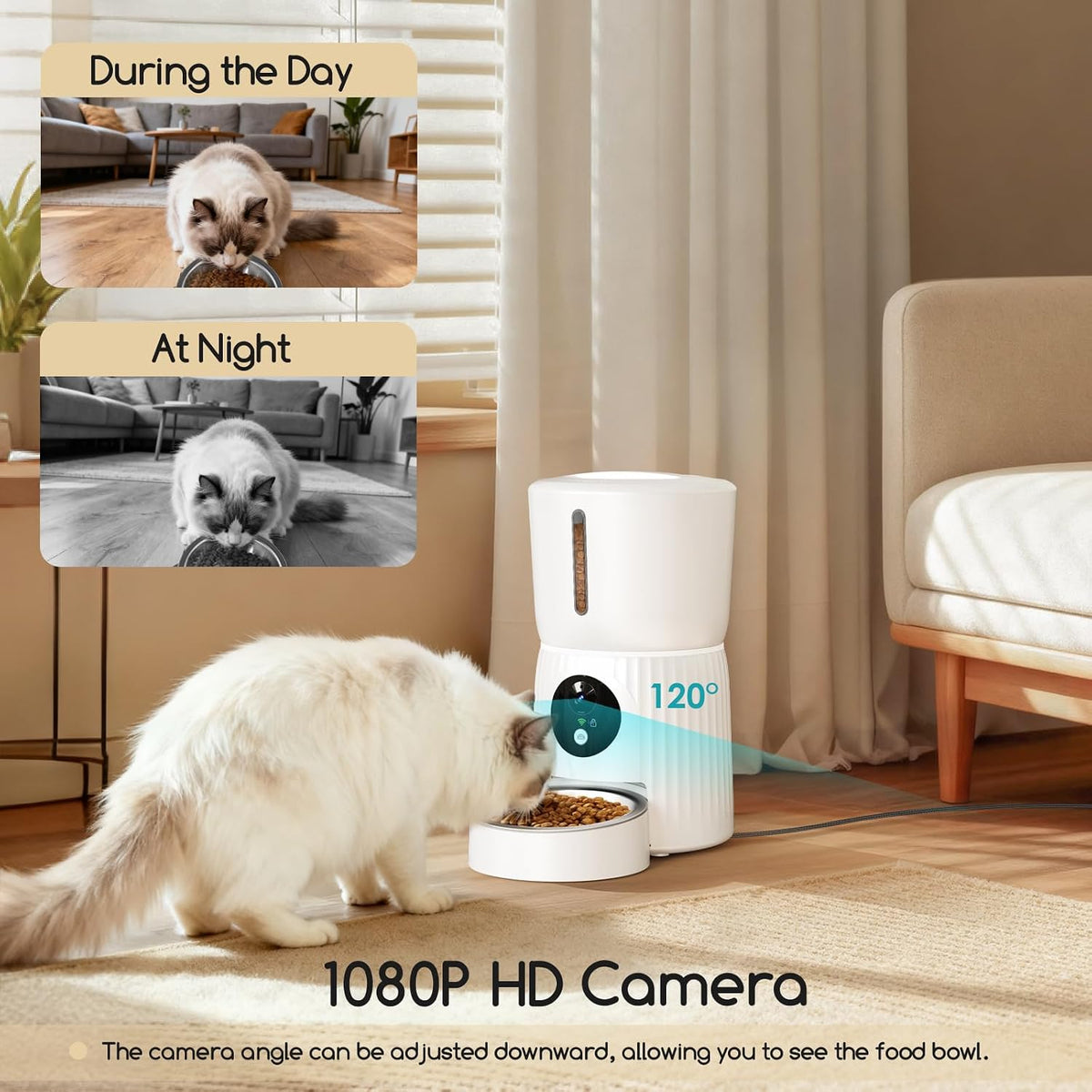 Faroro Automatic Cat Feeder with Camera, 1080P HD Video with Night Vision, 5G WiFi Automatic Dog Feeder with APP Control, 2-Way Audio, Blockage Sensor for Cats or Small Dogs, 4L (White)