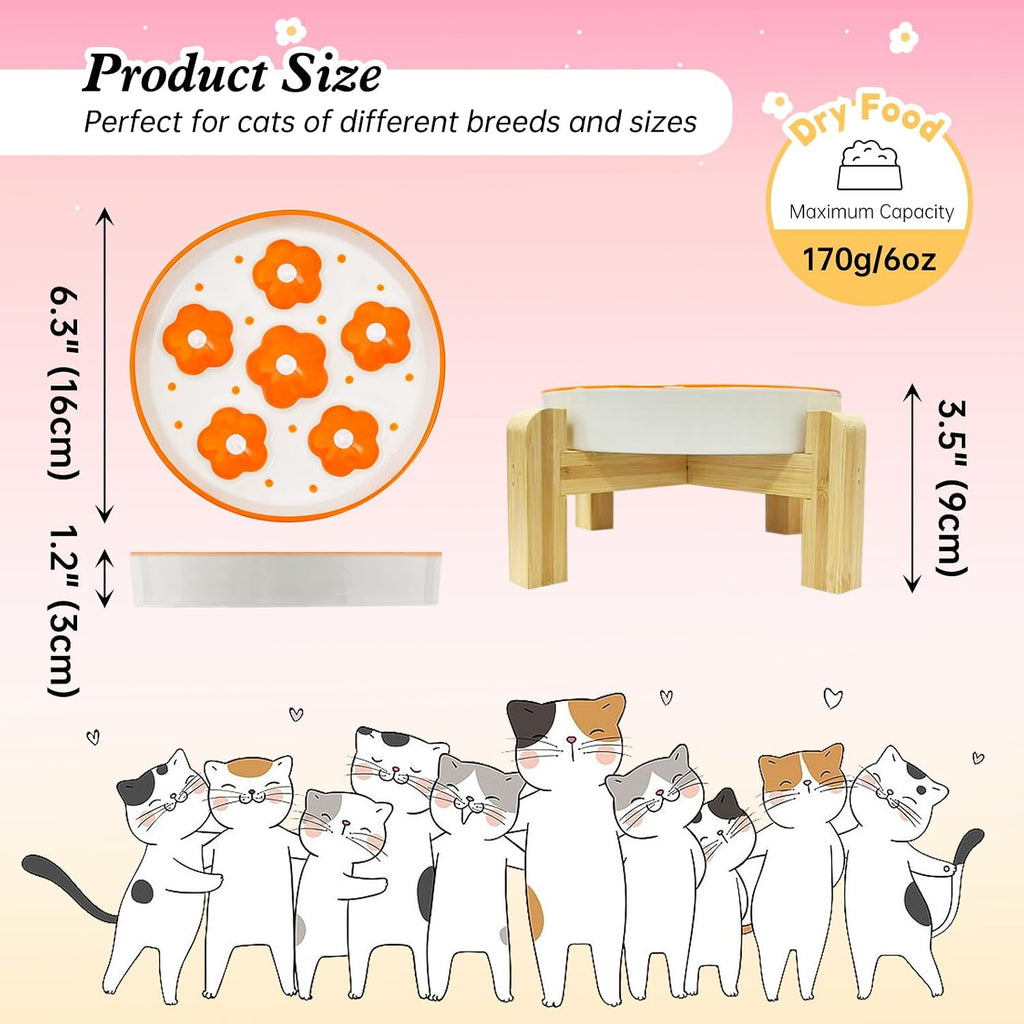 Elevated Ceramic Slow Feeder Cat Bowl with Anti-Slip Bamboo Stand