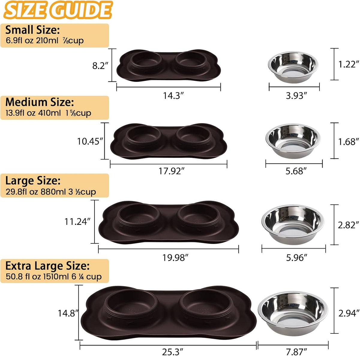 Hubulk Pet Dog Bowls 2 Stainless Steel Dog Bowl with No Spill Non-Skid Silicone Mat + Pet Food Scoop Water and Food Feeder Bowls for Feeding Small Medium Large Dogs Cats Puppies (Large, Chocolate) 