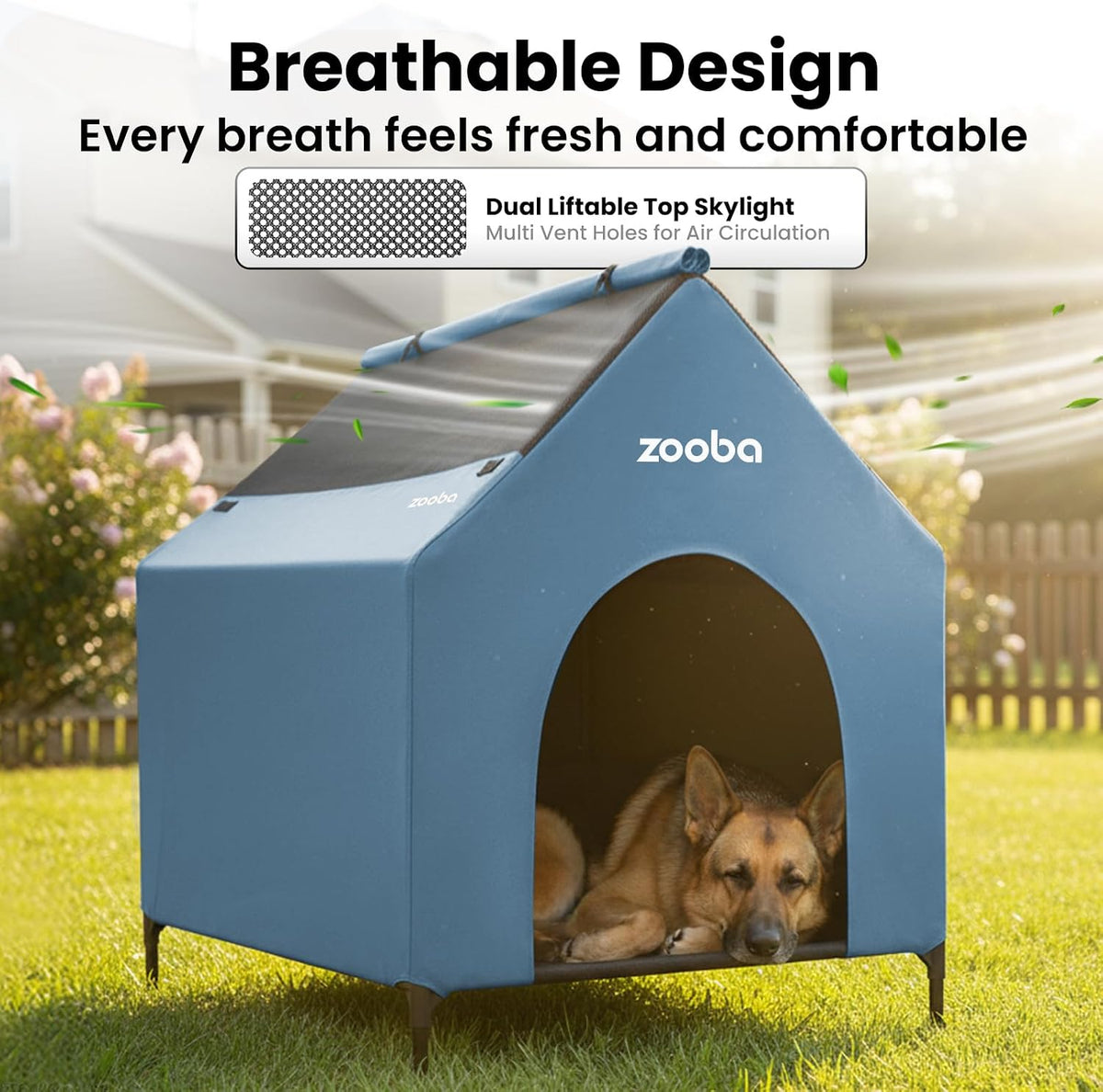 Zooba 48in XL Dog House Outdoor, Elevated Dog Bed with Canopy, Blue