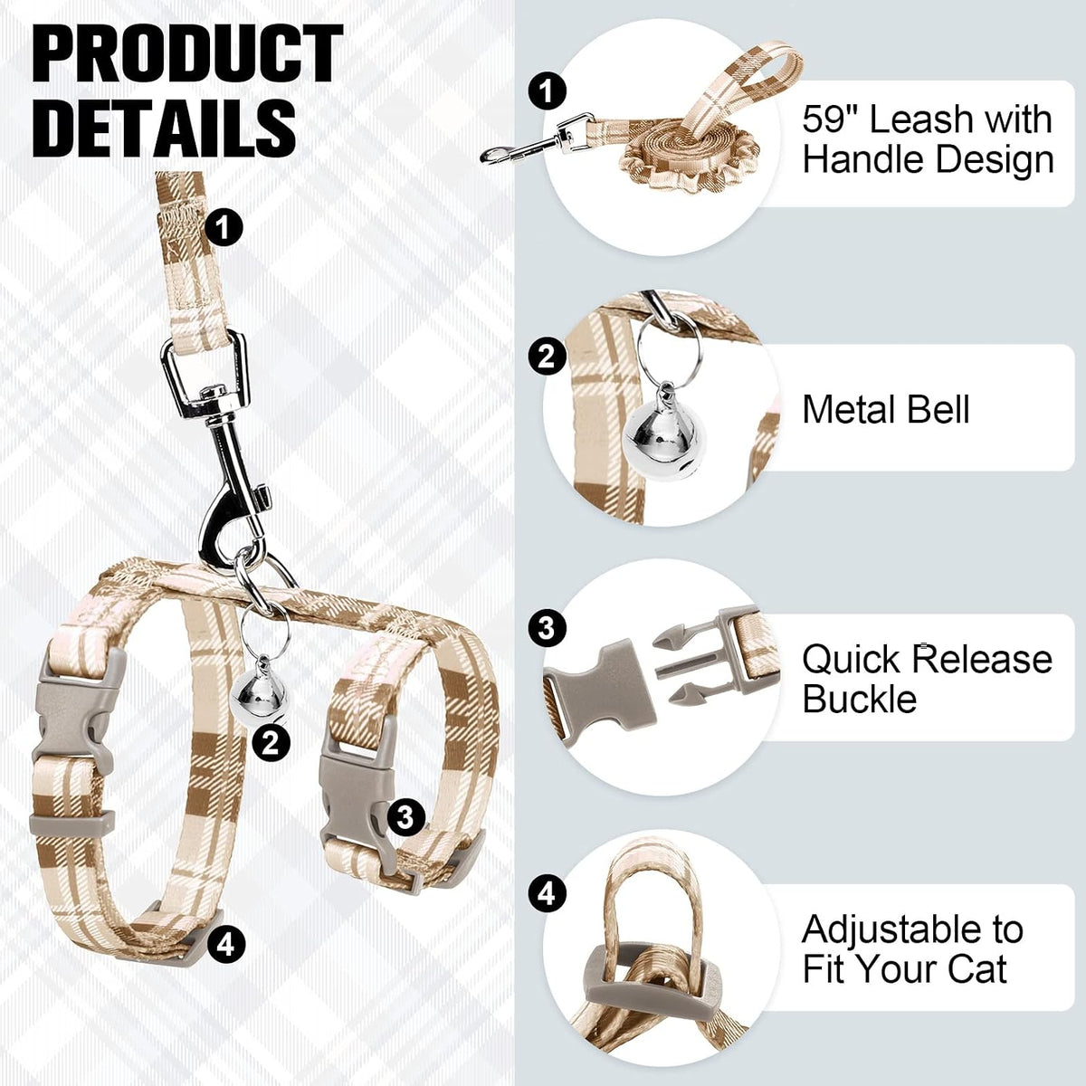 BEAUTYZOO Cat Harness and Leash Set, Escape Proof for Walking Travel, Khaki