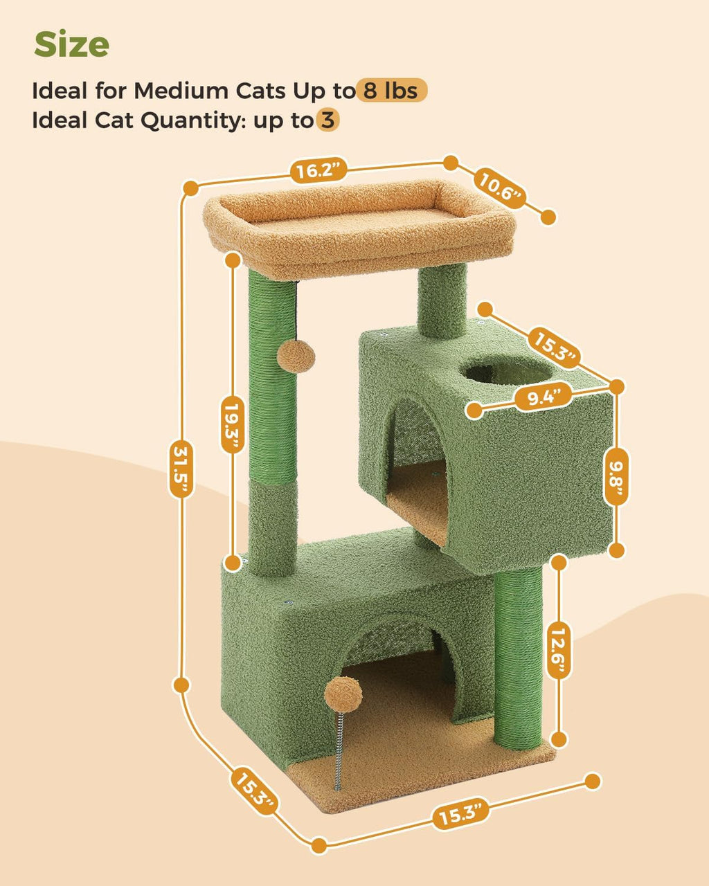 Small Cat Tree for Kittens, 32 in Cat Tower with 2 Cozy Condos