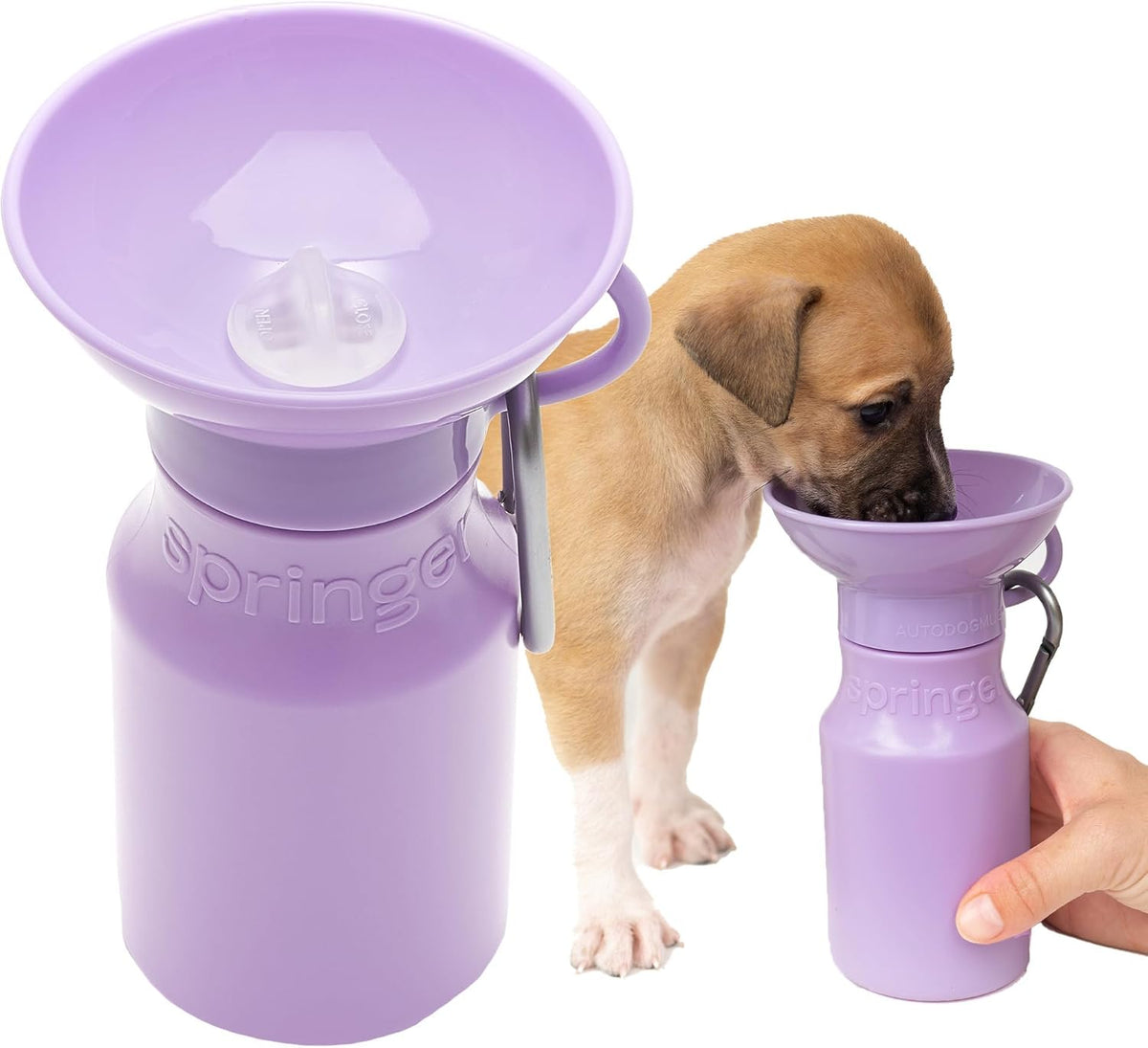 Springland 15oz Classic Portable Dog Water Bottle with Built-in Bowl, Lilac | Leak-proof, BPA-free, one-hand squeeze, for travel & hiking, fits car cup holders, great dog gift, as seen on Shark Tank 