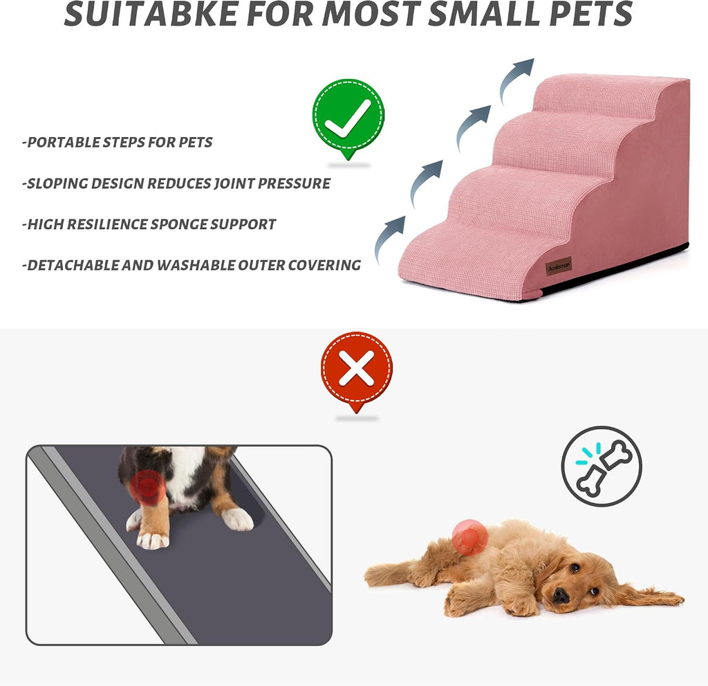 4-Step Dog Stairs for Bed or Couch, Pink Pet Ramp for Small Dogs, Cats