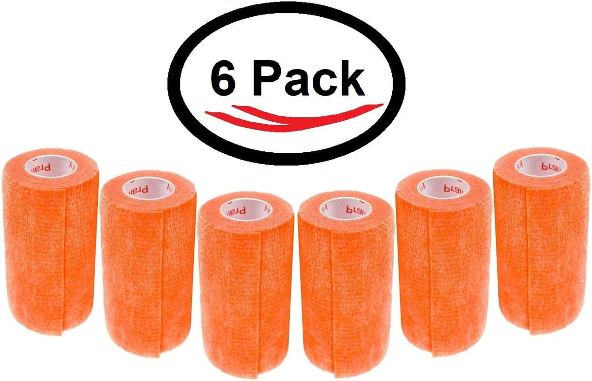 3 Inch Vet Wrap Tape Bulk (Orange) (Pack of 6) Self Adhesive Adherent Adhering Flex Bandage Grip Roll for Dog Cat Pet Horse