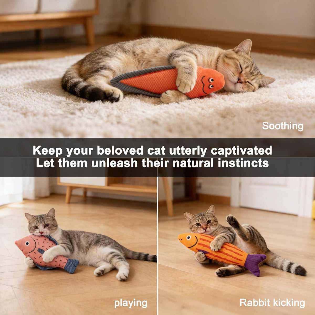 Catnip Fish Toys for Cats - 3 Pack 7.48 Inch Interactive Cat Toys with Crinkle & Bell Sounds, 4500mg Premium Natural Catnip, Durable Linen Kicker Toys for Indoor Cats & Kittens