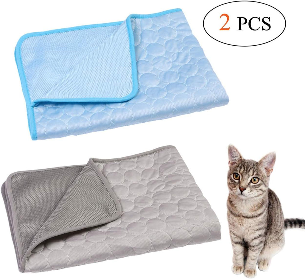 Wontee Dog Cooling Mat Pet Ice Silk Pad Washable Summer Sleeping Bed for Crate, Bed, Sofa, Indoor & Outdoor Floor, Car Seats (Blue + Grey, S)