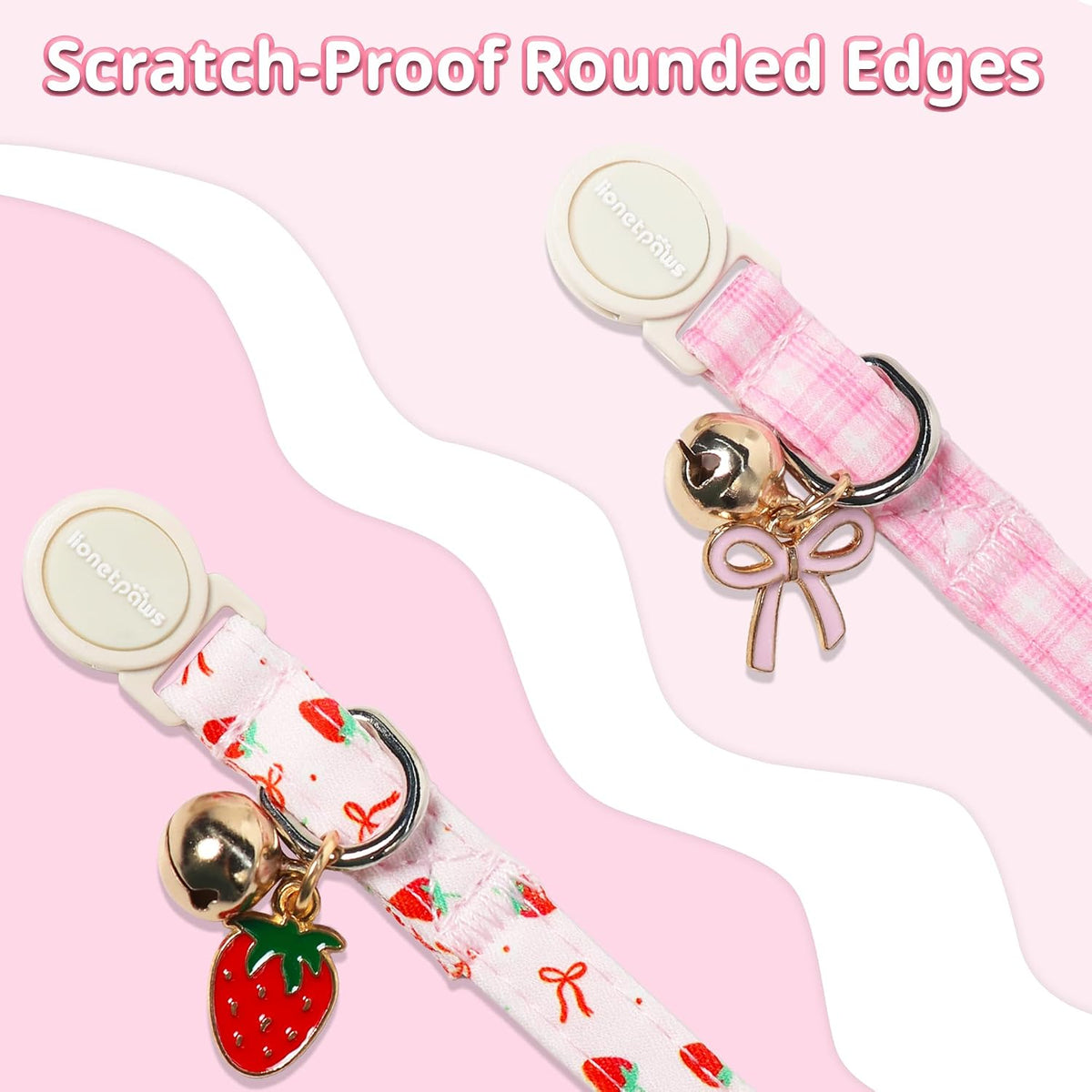 lionet paws 2 Pack Cat Collar Breakaway with Bells-Pink Plaid & Strawberry