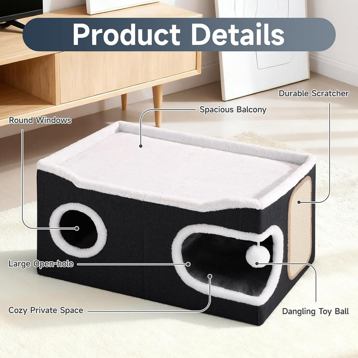 Shikha Extra Large Cat House Bed for Multi Cats with Scratch Pad Black