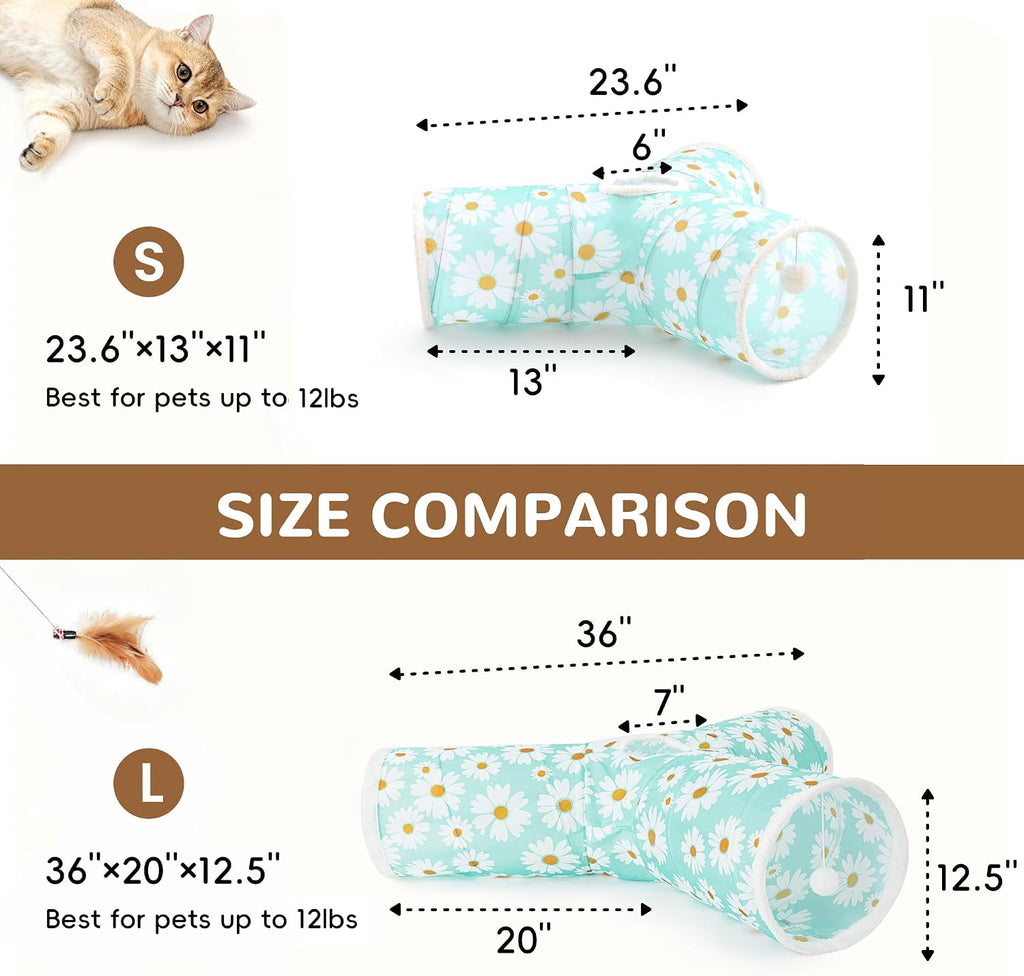 Tempcore Cat Tunnel, 3-Way Collapsible Toy, Large Size Daisy Blue Printed | Large Size 3-Way Cat Tunnel Provides More Room for Cats to Run, Hide and Chase, with Peek Holes, Hanging Ball and Teaser Wand