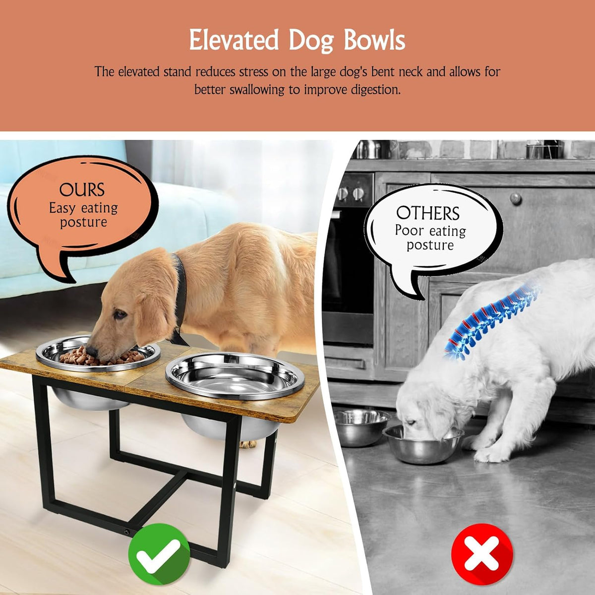 Elevated Dog Bowls for Large Dogs, Raised Dog Bowl Stand with Two X-Large Stainless Steel Bowls for Dogs, 3.5L Capacity, Rustic Brown