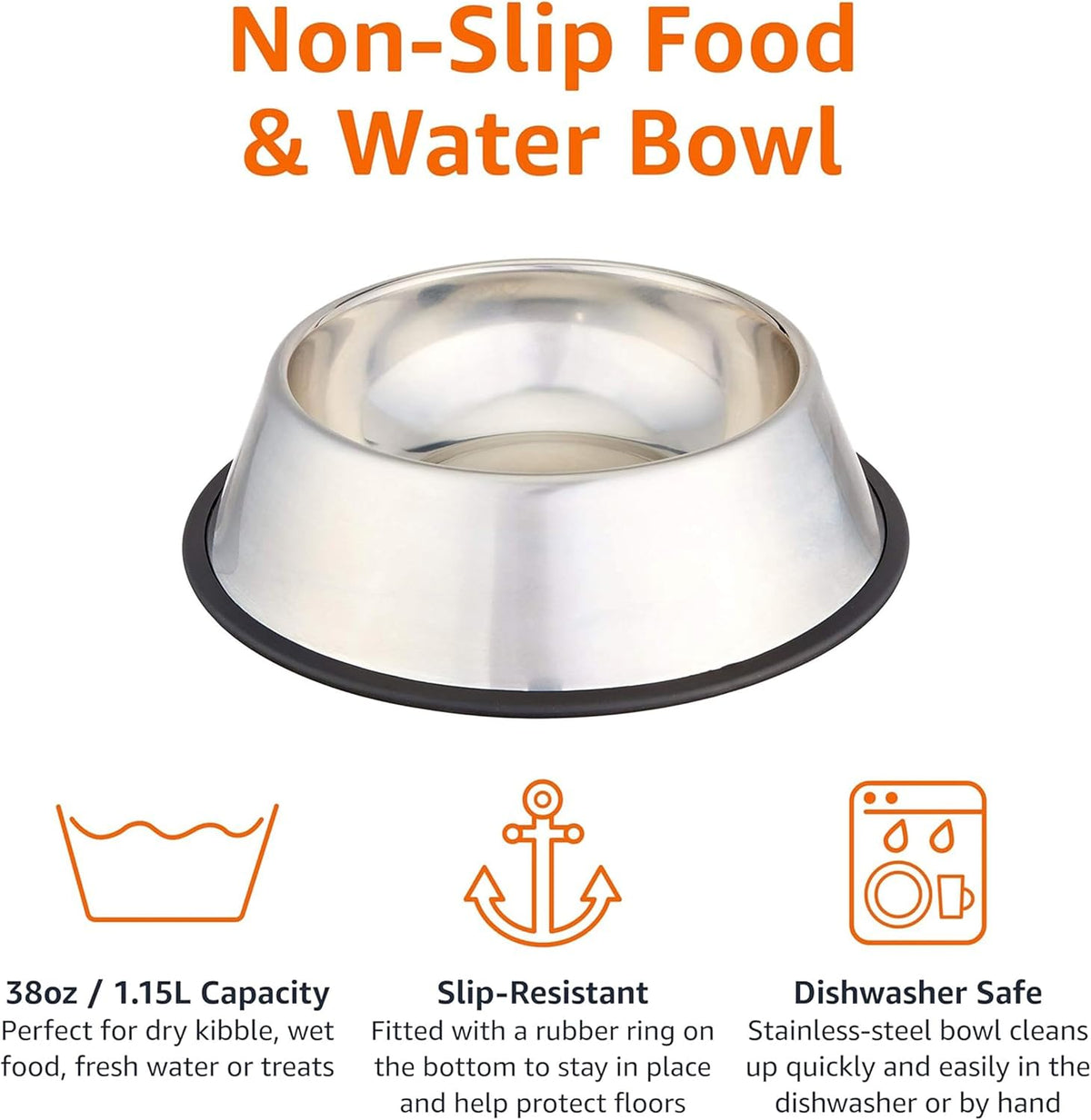 Amazon Basics Stainless Steel Non-Skid Dog Bowl, Dishwasher Safe, Rust Resistant, Single 