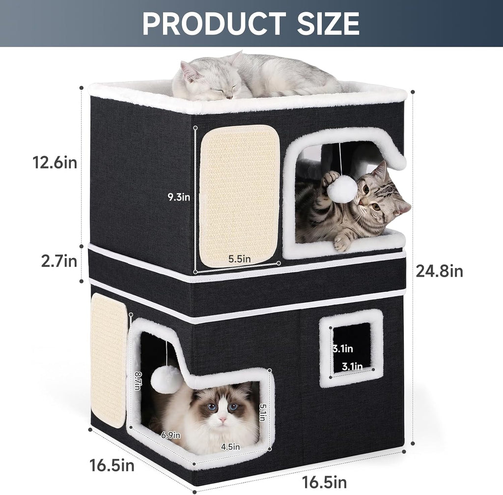Shikha 2 Story Cat Bed House for Indoor Cats with Scratch Pads Black