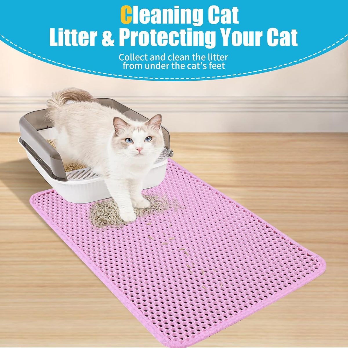 Cat Litter Mat 30"x24", Double Layer Waterproof Litterbox Mat, Pink | Non-slip backing, washable for easy cleanup, traps stray litter with waterproof honeycomb large grid that is urine-proof.