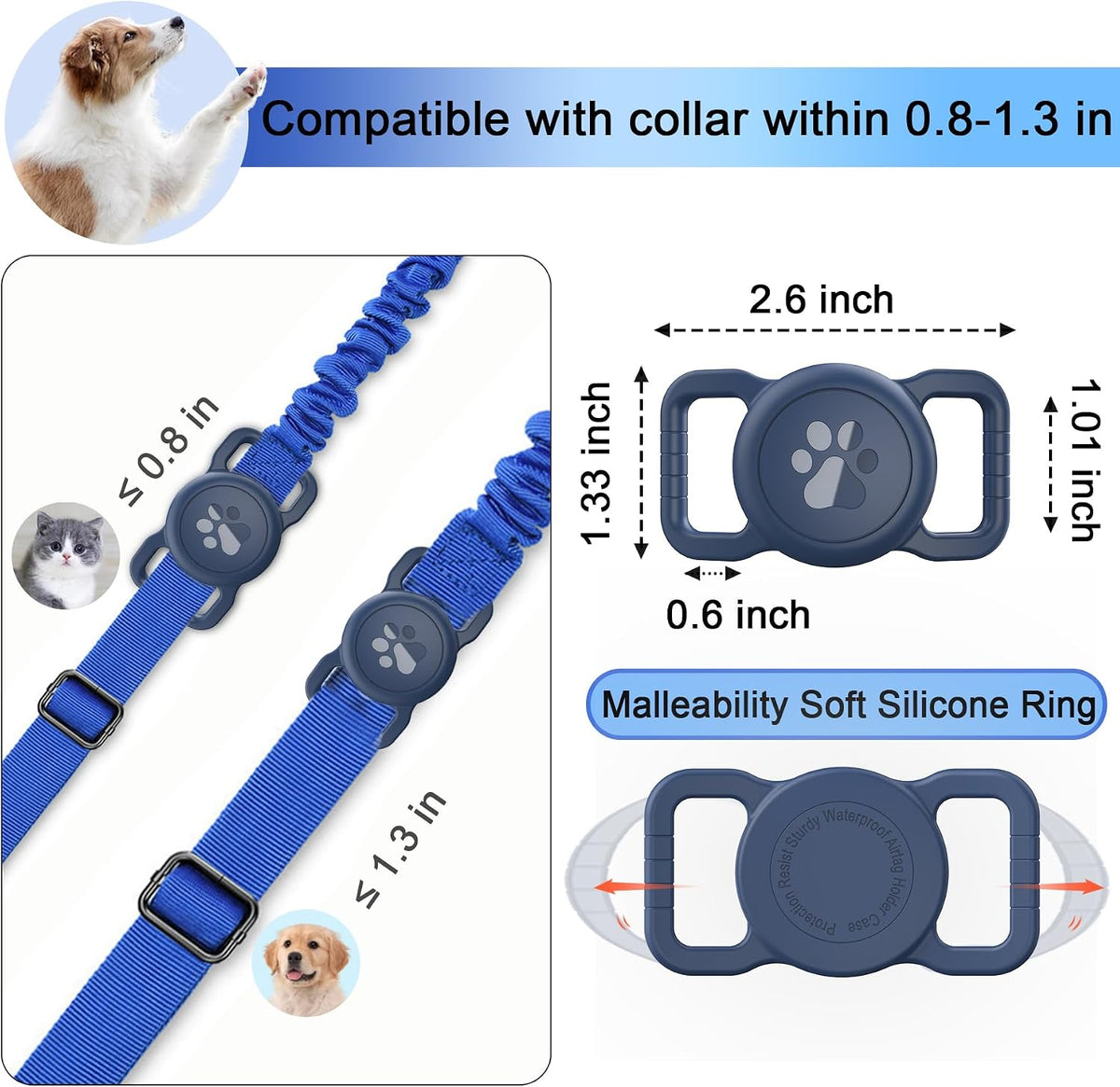 Waterproof Airtag Dog Collar Holder, Full Covered Silicone Case, Navy Blue