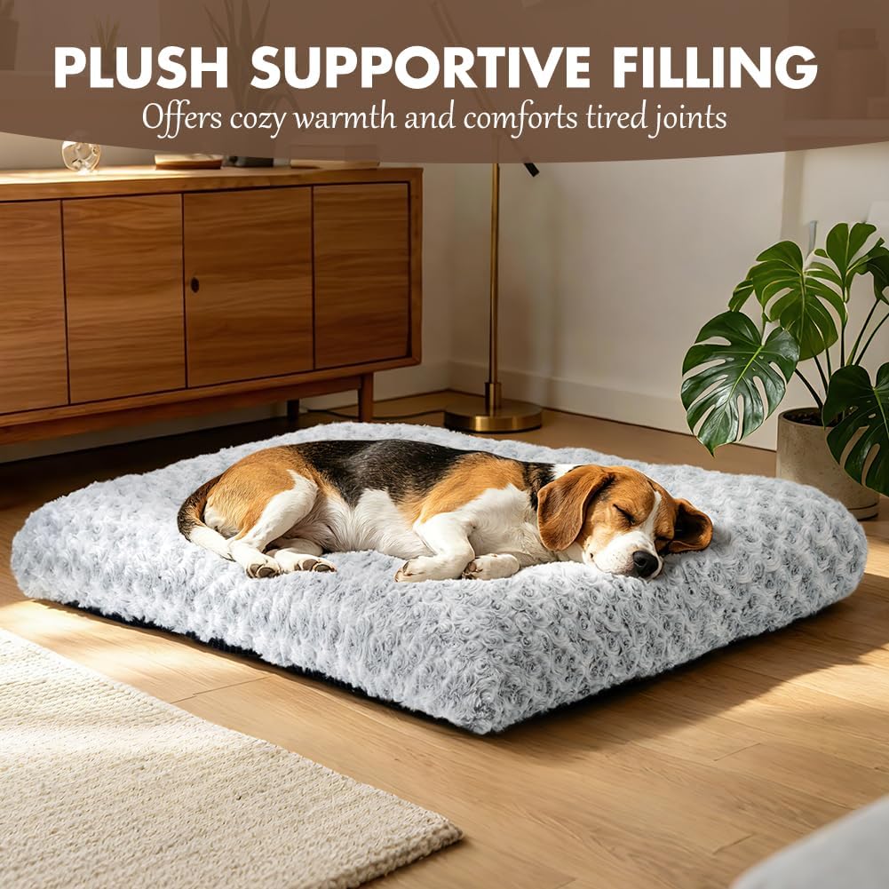 Dog Bed Crate Pad - Rosette Pattern White Velvet Pet Bed Anti-Slip Comfy Kennel Pad for Crates Rosette Grey M