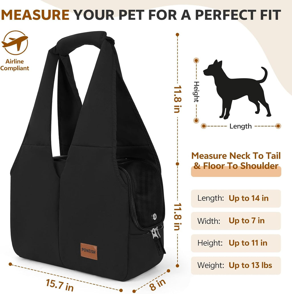 Dog Purse Carrier for Small Dogs and Cats, Soft-Sided Pet Tote Bag with 6 Large Pockets, Collapsible Travel Puppy Carrier, Fits Pets up to 13 lbs (Black, 15.7" L x 8" W x 11.8" H)