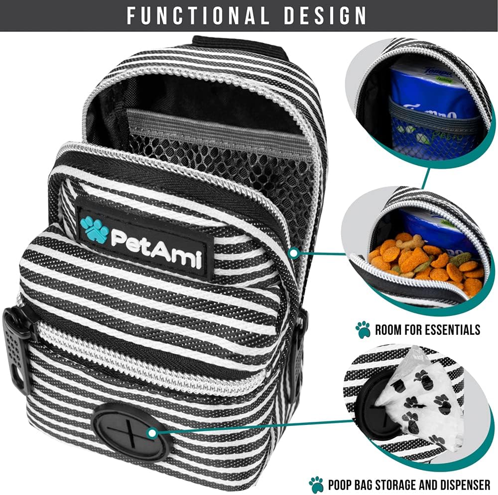 PetAmi Dog Poop Bag Holder for Leash, Pet Waste Bag Dispenser, Stripe Black | Doggy Puppy Walking Accessories Travel Camping, Dog Treat Pouch Supplies Must Have, Doggie Poo, Jogging, Walks