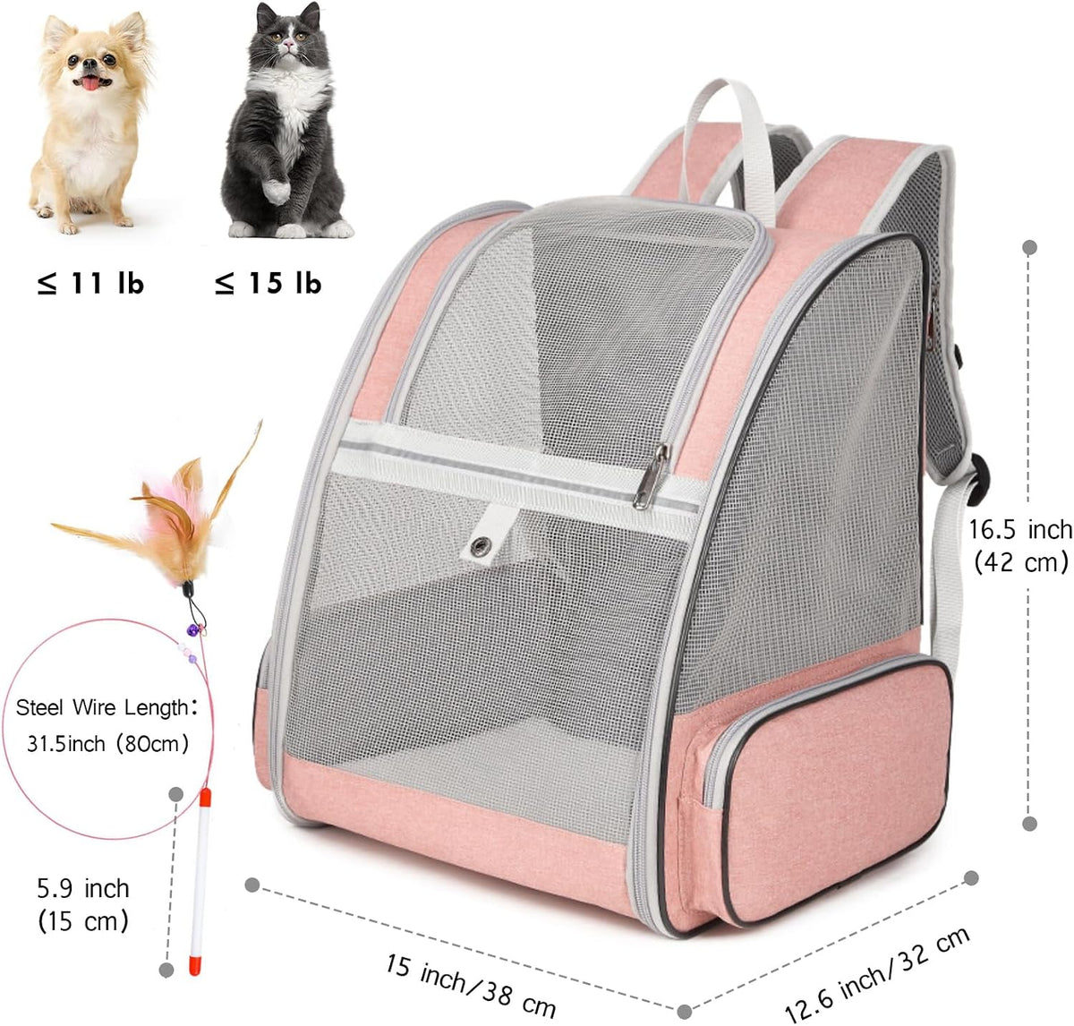 Cat Backpack Carrier, Small Dog Carrier Backpack with Fully Ventilated Mesh, Kitten Wand Feather Toy & Safety Leash, Collapsible Travel Hiking Pet Carrier for Small Dogs Cat Puppy Kitten Bunny (Pink)