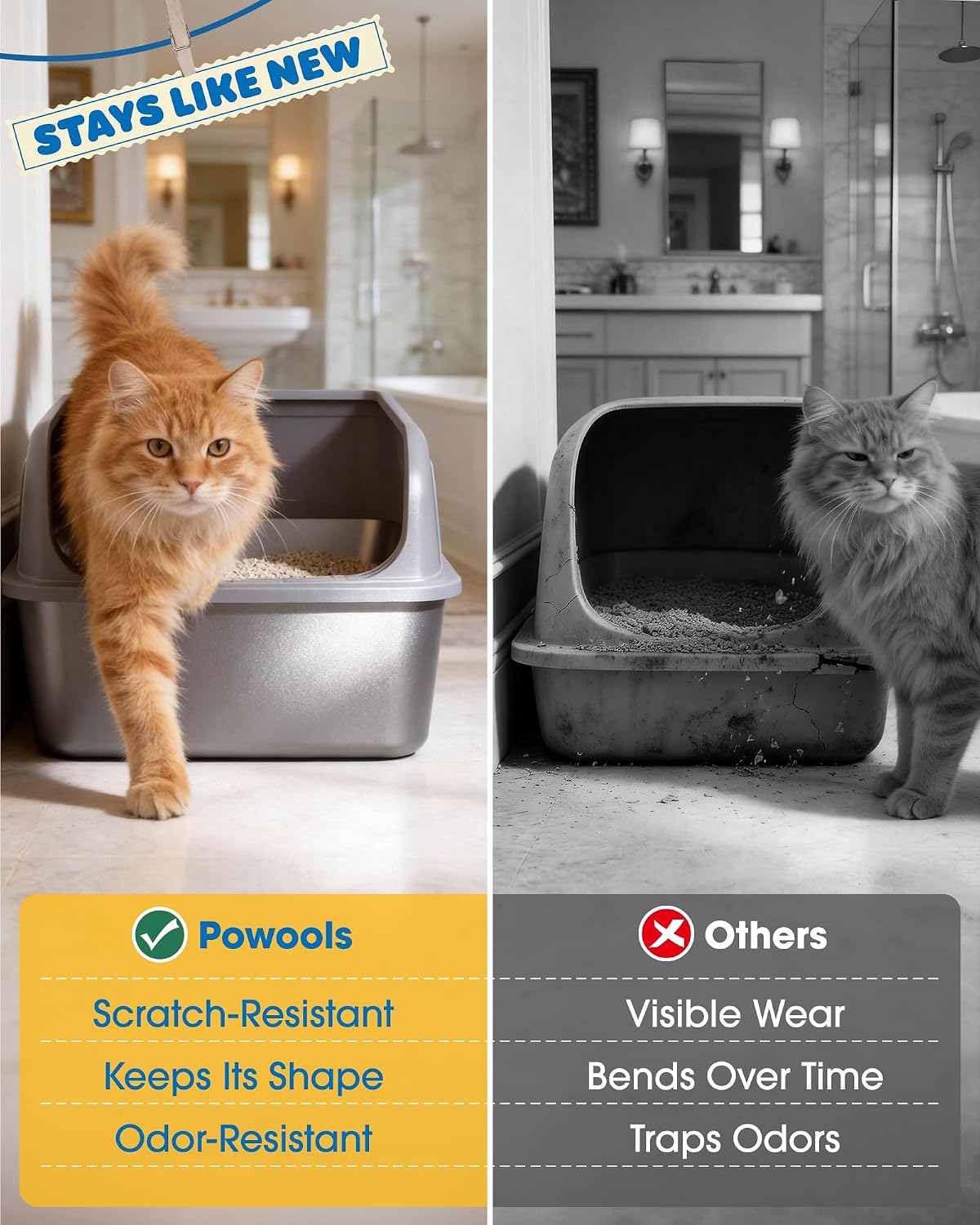 Powools Stainless Steel Cat Litter Box, High-Sided, Grey, M (1 Pack) | Metal Litter Box with Scoop, Anti-Leakage Top Entry, Non-Sticky, Easy to Clean, 6-Inch Splash-Proof Deep Pan