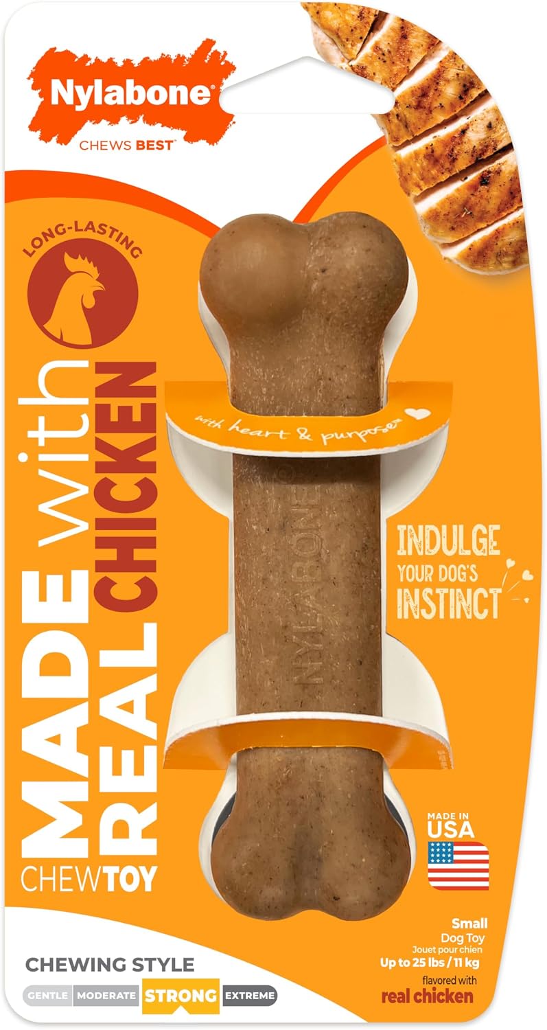 Nylabone Strong Chew Original Bone Dog Toy Made with Real Chicken | Dog toys for aggressive chewers, small dog chew bones up to 25 lbs, helps clean teeth and freshen breath