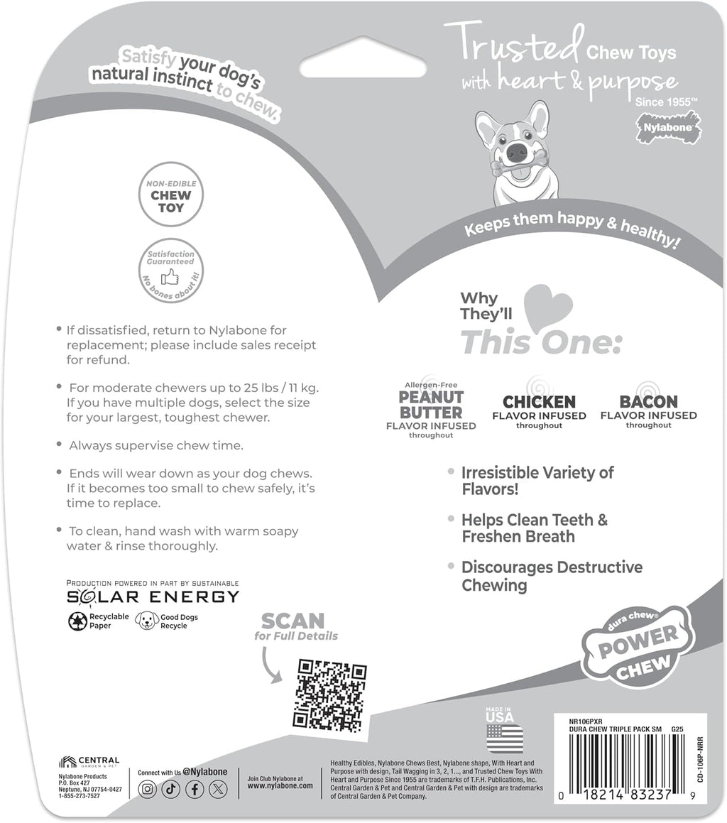 Nylabone Power Chew Original Bone Dog Chew Toys, Small, 3 Count | Peanut butter, chicken, and bacon flavor, durable dog toys for aggressive chewers, helps clean teeth, for dogs up to 25 lbs