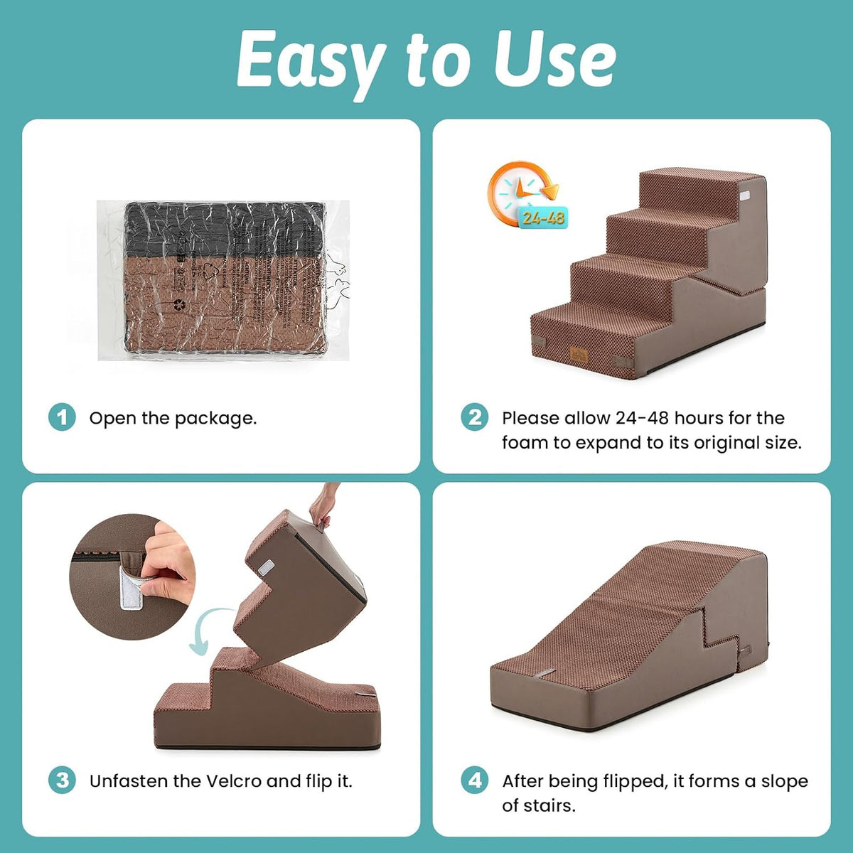 COZY KISS Dog Stairs for Small Dog, 18.9" H, 4 Step pet Step for Bed, Brown