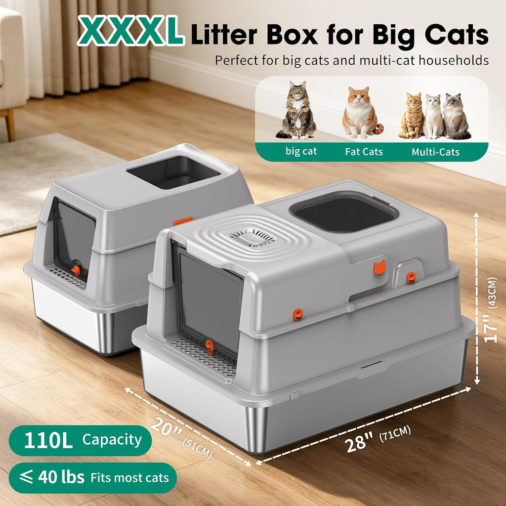 XXXL Stainless Steel Litter Box with Lid, 28" x 20" x 17", Light Grey