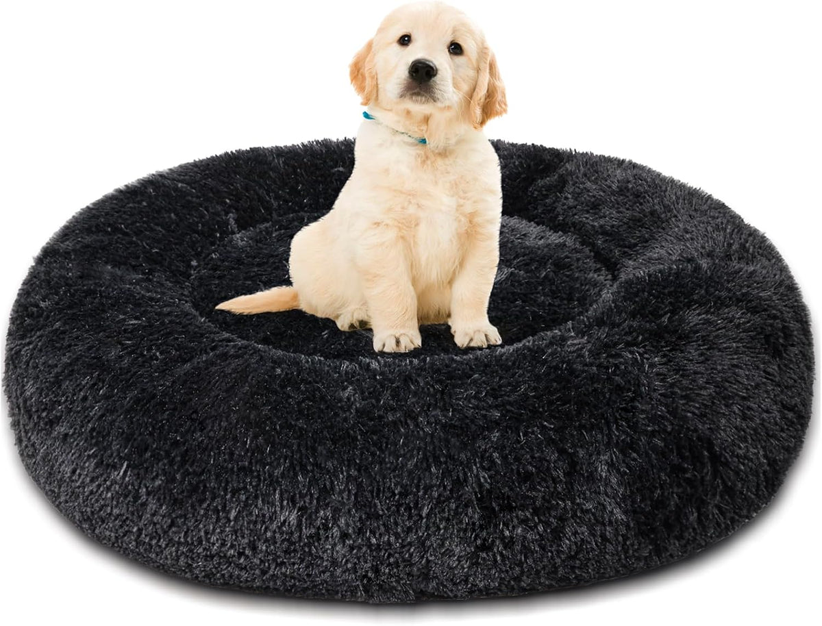 Patas Lague Calming Dog Bed for Medium Dogs, Fluffy Soft Cozy Cat Bed, Faux Fur Anti-Anxiety Plush Washable Pet Donut Cuddler for All Seasons 24IN, Black