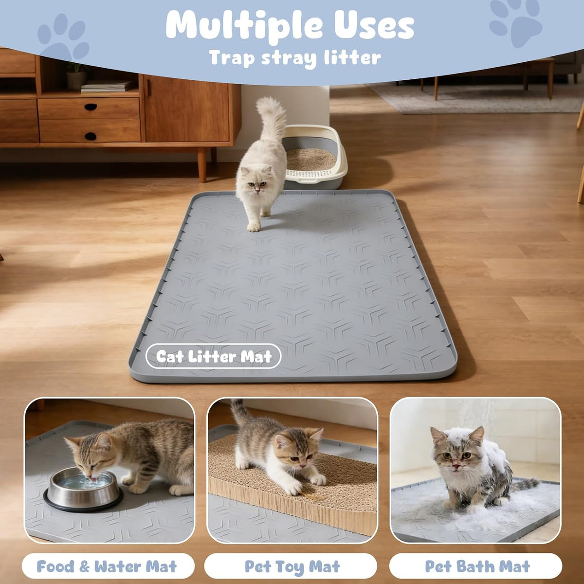 JUJOMAT Cat Litter Box Mat, 50"×35" Large Silicone Cat Litter Trapping Mat | Non-Slip Gray Kitty Litter Mat for Indoor Cats, Waterproof Pet Food Mats Easy to Clean & Soft on Kitty Paws