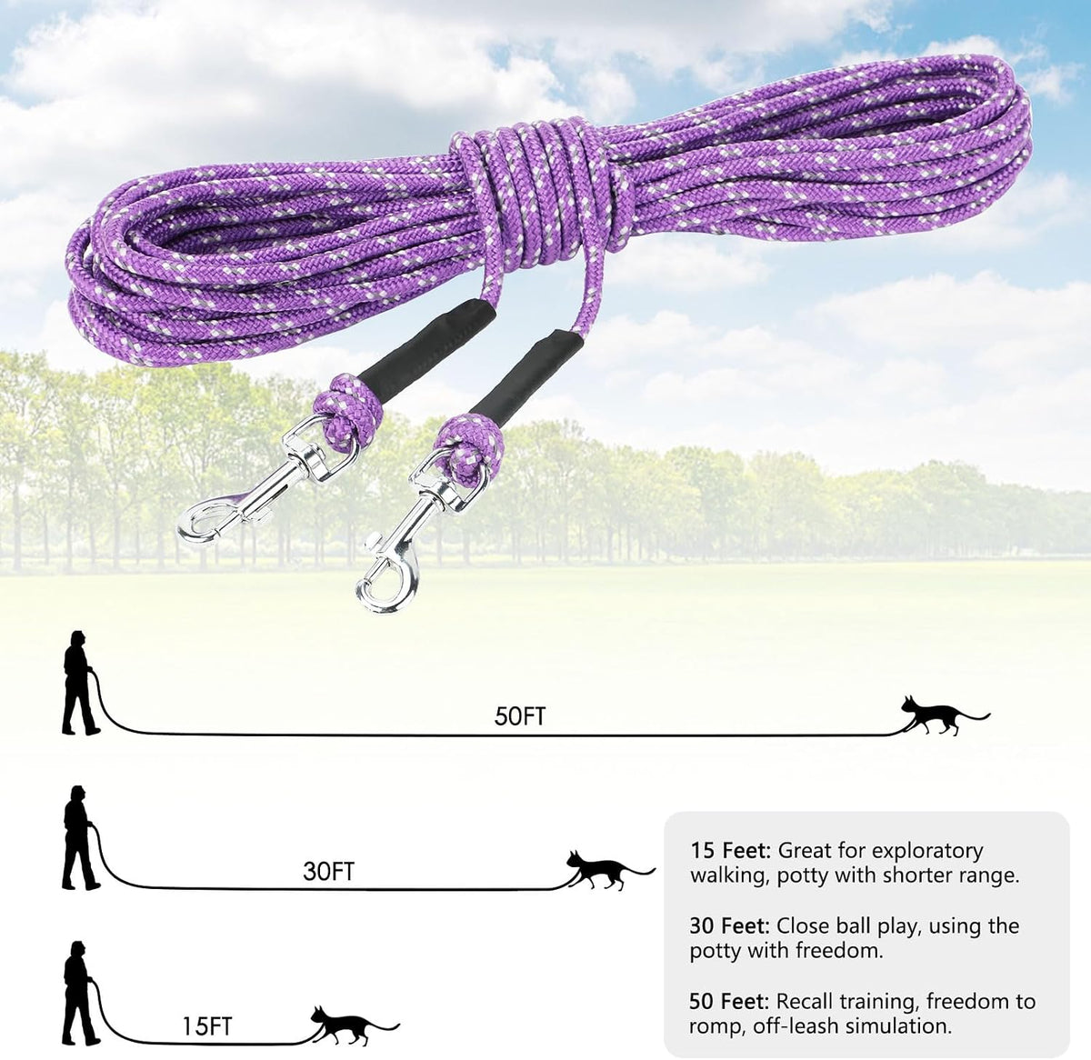 Reflective Cat Long Leash 15 FT, Outdoor Backyard Cat Tie Out Lead,Purple