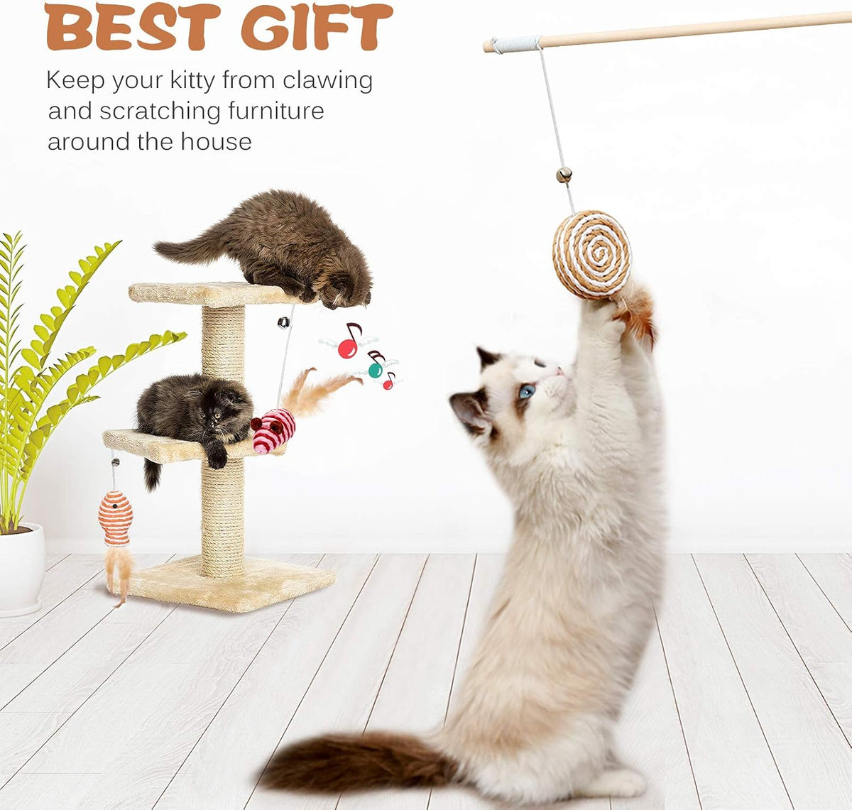 KABB Cat Toys for Indoor Cats, 3pcs 16 Inch Natural Wood Cat Teaser Wand Toy with Teaser Refills for Cat Kitten Having Fun Exerciser Playing, Bonus 5pcs Catnip Sticks for Cat Teeth Cleaning