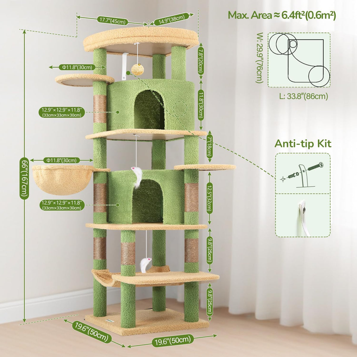 Globlazer 66in Cactus Corner Cat Tree for Indoor Large Cats, C66, Green