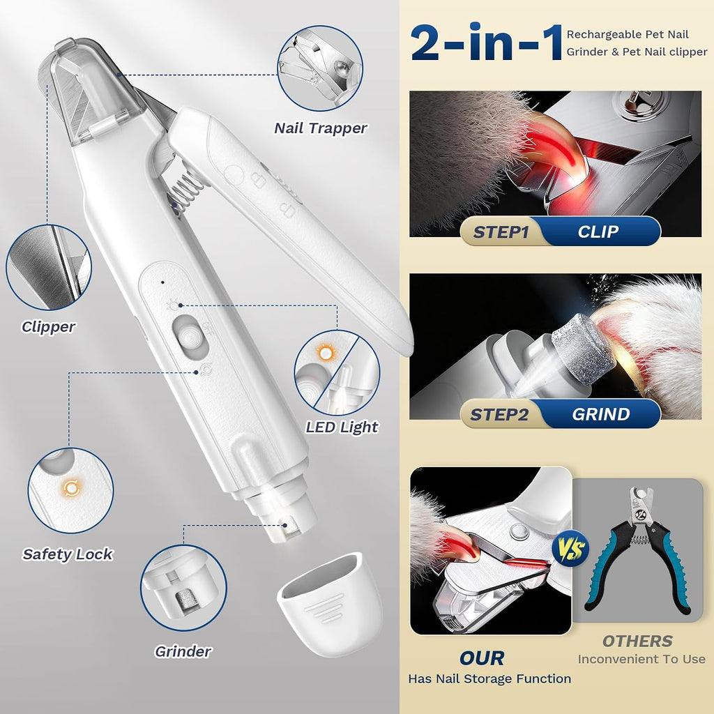2-in-1 Dog Nail Clippers ＆ Grinder: Rechargeable Pet Trimmer with LED Light
