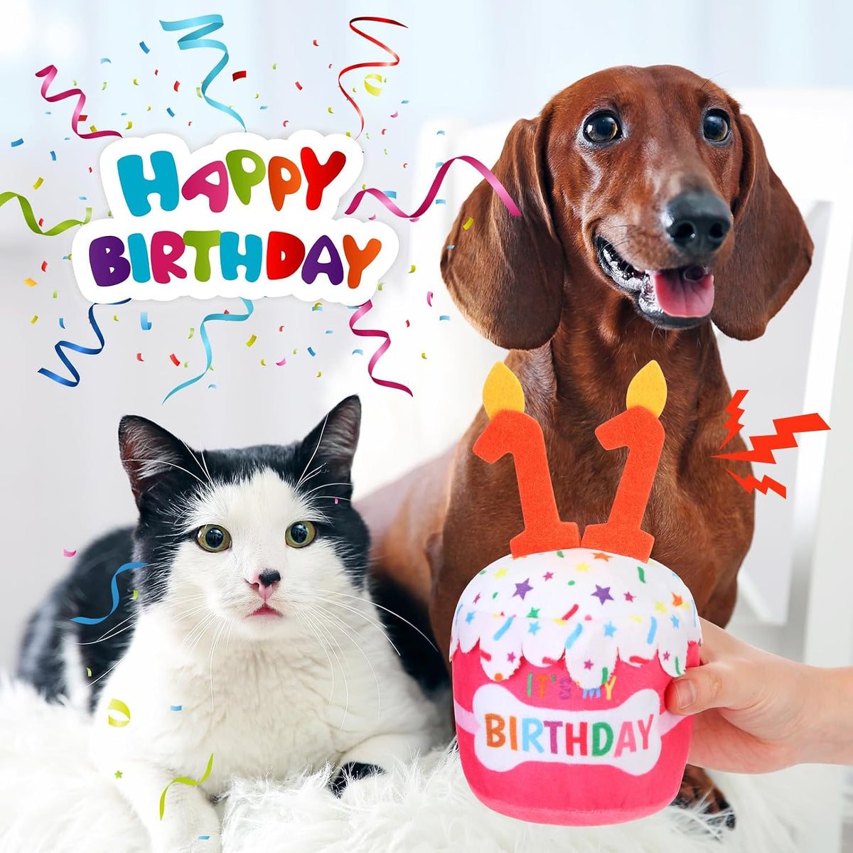 Dansydaisy Dog Birthday Cake Toy Squeaky Plush Gift,11th,Pink | Interactive Squeaky Gift for Dogs, Dog Birthday Decor , Soft Chew for Small Medium Large Pets, Cake Design with Candle